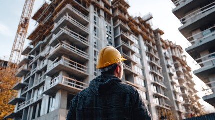 A construction worker observes a modern building under development, showcasing urban growth and industry progress.