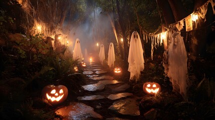 Spooky Forest Pathway Decorated with Ghosts and Glowing Jack-o'-Lanterns on Halloween Nigh
