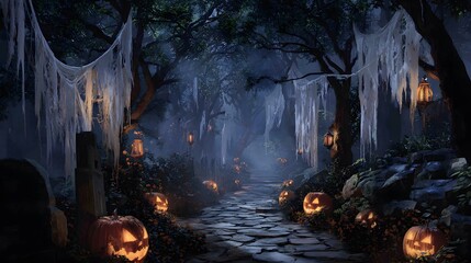 Spooky Forest Pathway Decorated with Ghosts and Glowing Jack-o'-Lanterns on Halloween Nigh