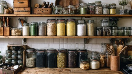 A cozy kitchen shelf filled with jars of colorful ingredients for cooking and baking, showcasing a minimalist style.