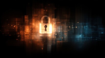 A digital lock symbol representing cybersecurity and data protection in a futuristic, abstract setting.