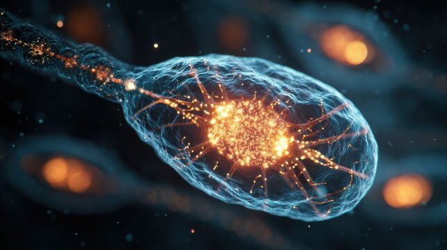 A detailed view of a neuron, showcasing its structure and glowing pathways, representing neural connections.