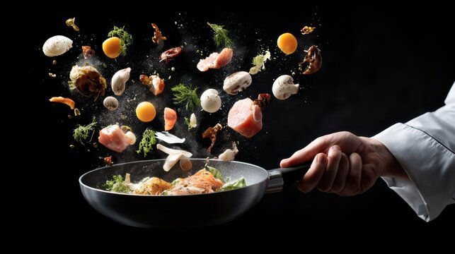 A dynamic cooking scene with fresh ingredients flying from a pan, showcasing the art of culinary creativity.