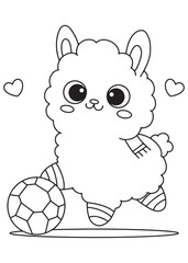 Coloring book alpaca kicking a soccer ball.