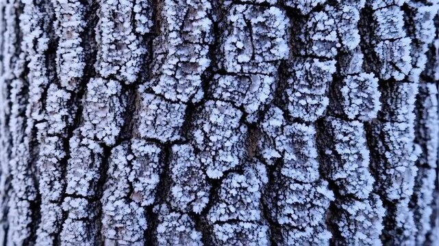 Closeup of Frost-Covered Tree Bark Showing Textured Surface in Natural Light