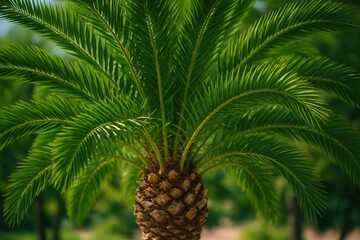 A lush palm tree stands tall in a verdant garden, its fronds reaching out like nature's own crown