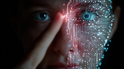 A futuristic human face merging with technology, showcasing a blend of digital circuits and human emotion.