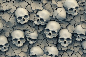 Sinister skulls: A haunting tableau of skulls embedded in cracked earth, creating an atmosphere of both mortality and mystery. This photo evokes a sense of foreboding.