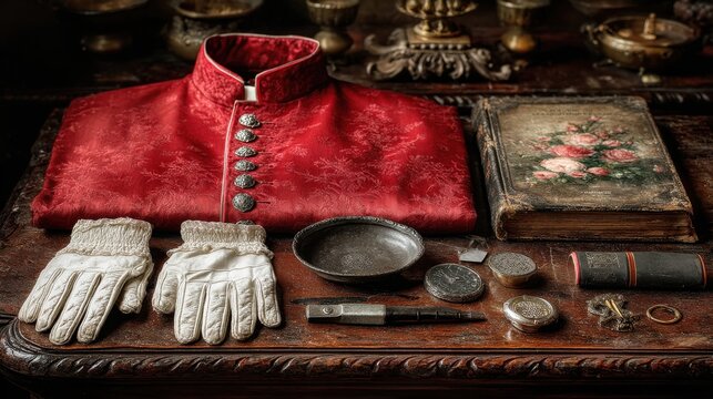 White gloves and red cassock prepared on an old ceremonial table
