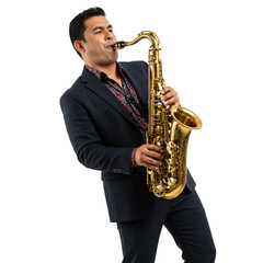 Naklejka premium Isolated Portrait of Man Playing Saxophone In Suit on Transparent
