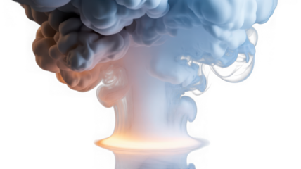 Explosive mushroom cloud formation with orange and blue hues isolated on transparent background