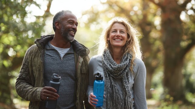 A joyful couple enjoying their outdoor walk, sharing smiles and hydration with water bottles in a serene park setting.