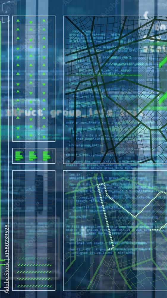 Poster animation of programming language and abstract pattern over server room