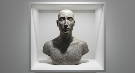 Stone bust of a bald person with closed eyes in a white lit alcove against a gray wall