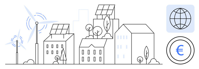 Urban buildings with solar panels, wind turbines, and greenery emphasizing renewable energy and sustainability. Ideal for sustainability, renewable energy, eco-friendly city, innovation