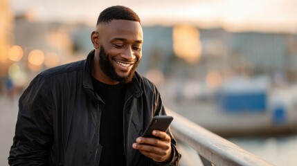 A man smiles while using his smartphone by the waterfront during sunset, enjoying a moment of leisure.