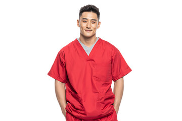 Confident Asian male in red scrubs