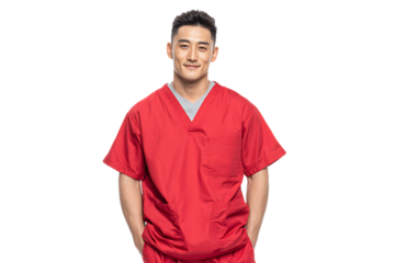 Confident Asian male in red scrubs