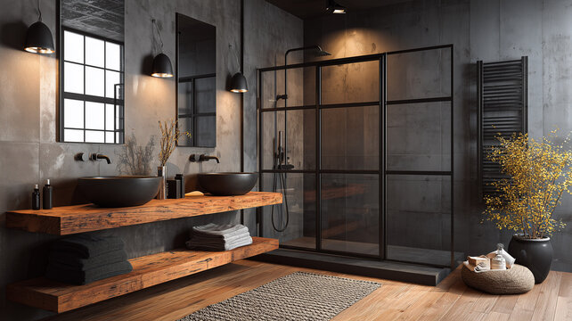 Industrial style bathroom, black-framed glass shower partition, dark grey concrete walls