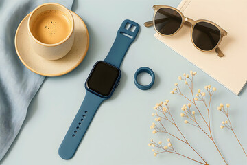 Modern Lifestyle Flat Lay with Blue Smartwatch, Smart Ring, Coffee and Sunglasses on blue background, Minimalist Tech Accessories