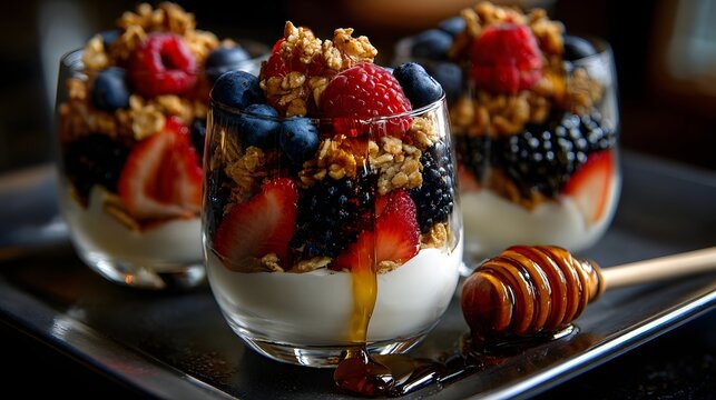 Greek Yogurt Parfait Layered with Fresh Berries, Granola and Honey perfect for healthy breakfast menus and nutrition blog features