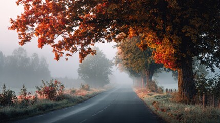 Obraz premium Quiet countryside road in early autumn with fog and red-orange leaves,