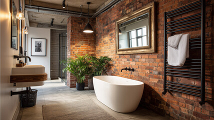 Fototapeta premium Loft bathroom with freestanding tub, exposed brick feature wall, steel towel rack, large vintage mirror