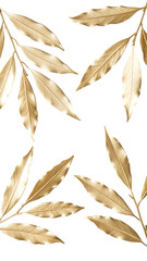 Gold leaves arranged on a transparent background. The leaves have a shiny texture and vary in size and shape, creating an elegant design.