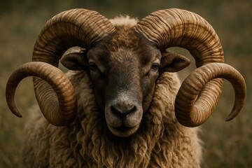A majestic ram with its curved horns stands alert in a serene field