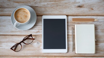 A modern workspace featuring a tablet, coffee cup, notebook, and glasses on a rustic wooden table.