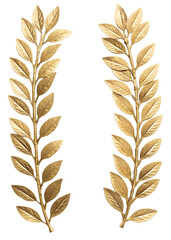 Two golden laurel branches with detailed leaves on a transparent background. Isolated design element for decoration or awards.