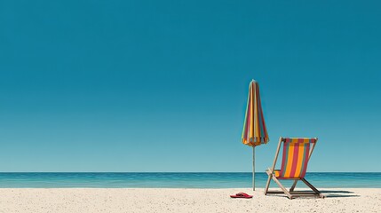 Minimalist beach scene with single deck chair, closed parasol, and flip-flops under clear blue sky, symbolizing peaceful solitude, summer relaxation, and tropical vacation freedom
