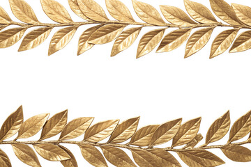 Golden laurel leaves arranged in a symmetrical pattern on a transparent background. The leaves are detailed and vibrant, showcasing a rich golden color.