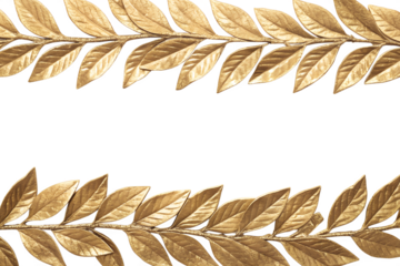 Golden laurel leaves arranged in a symmetrical pattern on a transparent background. The leaves are detailed and vibrant, showcasing a rich golden color.