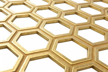 A close-up view of a hexagonal pattern in a golden color on a black background. The design features interlocking hexagons, creating a modern and stylish look.