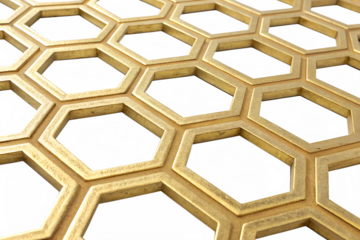 A close-up view of a hexagonal pattern in a golden color on a black background. The design features interlocking hexagons, creating a modern and stylish look.