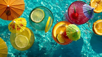 Birds eye view of colorful summer mocktails a poolside bar table with tropical fruits mini umbrellas and blue sky reflection in water vacation vibe realistic condensation and bright saturation