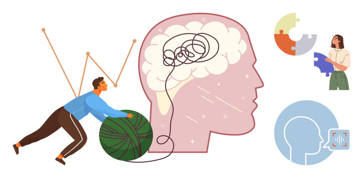Man rolling yarn toward decluttered brain with puzzle and profile elements emphasizing mental health improvement. Ideal for mental clarity, therapy, problem-solving, psychology, focus, self-help