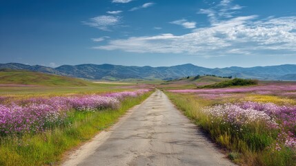 Fototapeta premium Serene road in spring meadow with blooming wildflowers on both sides,