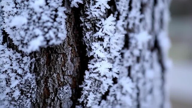 Closeup of Frost-Covered Tree Bark in Cold Winter Environment with Natural Lighting
