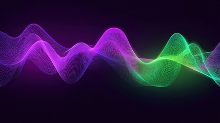 Fototapeta premium Abstract sound wave with vibrant purple and green glowing lines flowing smoothly on dark background, creating dynamic and futuristic digital energy pattern
