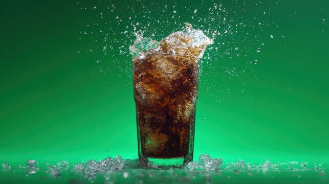 A refreshing glass of cola splashing against a vibrant green background, evoking a sense of thirst and enjoyment.