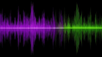 Colorful soundwave pattern with sharp edges and clean lines in purple and green on black background, representing audio frequency and digital sound visualization