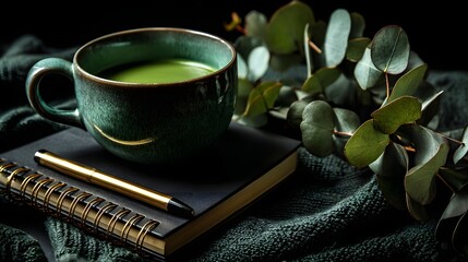 Steaming Matcha Latte in Speckled Mug with Eucalyptus on Spiral Notebook flat lay perfect for wellness café menus, mindful posts and health brand ads