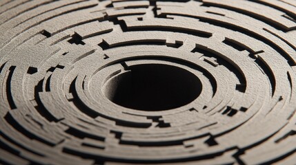 Naklejka premium Circular maze paper cut design with detailed cuts and shadows creating 3D illusion effect, showcasing intricate craftsmanship and geometric pattern in neutral tones