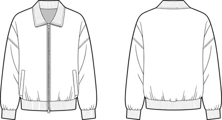 Cad drawing flat vector illustration of bomber jacket front and back view, fashion design template, apparel layout, clothing blueprint