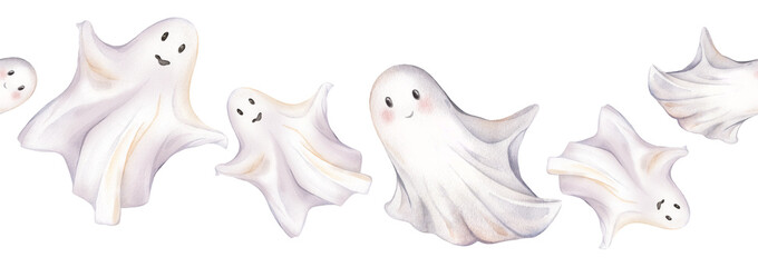 Seamless border or banner for Halloween with cute ghosts on an isolated background. Hand drawn watercolor illustration for kids. Perfect for decorations, cards, and crafts.