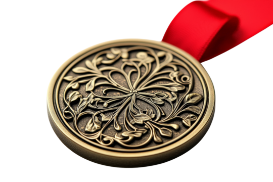 A large gold medal with a detailed design and a red ribbon, isolated on a Transparent background, PNG file. - Powered by Adobe