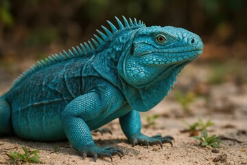 Obraz premium A vibrant blue iguana stands alert on a sandy terrain, its scales shimmering in hues of turquoise