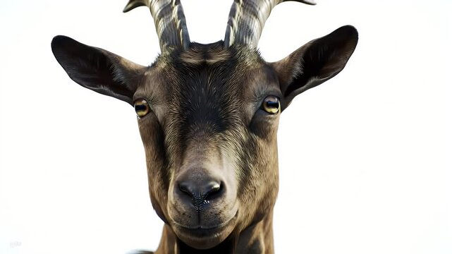 Frontal Close Up of Horned Brown and Tan Goat Isolated on White Background
